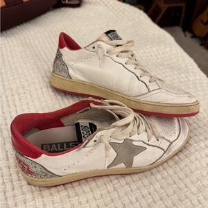 Golden Goose White and Red Ballstar Sneakers